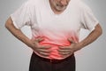 Stomach ache, man placing hands on the abdomen Royalty Free Stock Photo