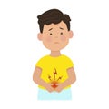 Stomach ache. Upset boy holding his stomach. Childrens rotavirus. Vector illustration. Kid diseases