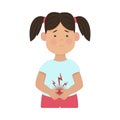 Stomach ache. Upset girl holding his stomach. Childrens rotavirus. Vector illustration. Kid diseases