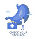 Stomach check up. Doctor examining human stomach pain, vector illustration. Gastroenterology. Digestive diagnostic. Royalty Free Stock Photo