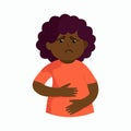 Stomach disease, intestinal disorder. Sick black boy holding his tummy. Isolated Vector illustration.