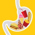 Stomach filled full by fast food cartoon vector illustration