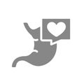 Stomach with heart in chat bubble grey icon. Gastrointestinal tract symbol