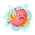 Stomach heartburn. Acid burn, high acidity and indigestion. Cute human internal organ ill, belly in fire. Gastritis pain