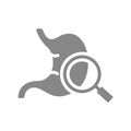 Stomach with magnifying glass grey icon. Disease prevention symbol