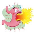 Stomach mascot with heartburn and burning. Anatomy and symptom