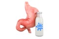 Stomach with milk bottle. Pain in abdomen from milk. Lactose intolerance, 3D rendering