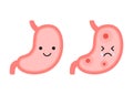 Stomach organ happy healthy and sad suffering sick characters. Check health of stomach. Unhealthy gastric, gastritis