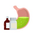 Stomach and pill. Dissolving drug. Disease of human internal organ. Cartoon flat illustration