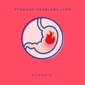 Stomach problem icon. Stomach heartburn, pyrosis. Linear icons in a circle.