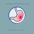Stomach problem icon. Stomach ulcer. Linear icons in a circle.