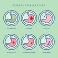 Stomach problem icons set. Linear icons in a circle. Medicine pictures.