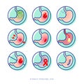 Stomach problem icons set. Linear icons in a circle. Medicine pictures.