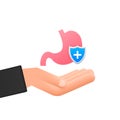 Stomach protection, Healthy protected intestine. Hand holding stomach icon. Digestive system protection. Vector stock