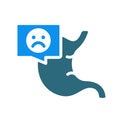 Stomach with sad face in chat bubble colored icon. Diseased gastrointestinal tract symbol
