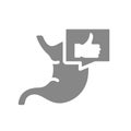 Stomach with thumb up gesture in chat bubble grey icon. Healthy organ symbol