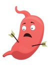 Stomach troubles icon. Sad suffering sick human stomach. Vector flat cartoon illustration design. Unhealthy stomach face