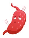 Stomach troubles icon. Sad suffering sick human stomach. Vector flat cartoon illustration design. Unhealthy stomach face