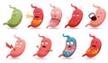 Stomach troubles icons. Sad suffering sick human stomach. Vector flat cartoon illustration design. Unhealthy stomach