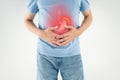 Stomach ulcer, man with abdominal pain suffers from abdomen disease, symptoms of gastritis, diseases of the digestive system