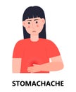 Stomachache icon vector. Poisoning, poor digestion, stomach ulcer are shown. Woman has abdominal pain. Infected person