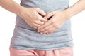 Stomachache in a woman isolated on white background. Clipping path on white background.