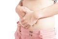 Stomachache in a woman isolated on white background. Clipping path on white background.