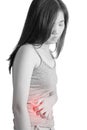 Stomachache in a woman isolated on white background. Clipping path on white background. Royalty Free Stock Photo