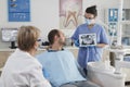 Stomatologist nurse with face mask holding tabet computer