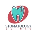 Stomatology clinic logo on oval background. Dentistry icon, toothpaste advertisement.