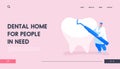 Stomatology Clinic Service Landing Page Template. Tiny Dentist Doctor Character Carry Carver Stomatological Instrument