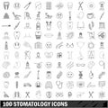 100 stomatology icons set, outline style