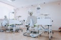 Stomatology interior of dental clinic with professional chair. Dentistry, medicine, medical equipment and stomatology concept.