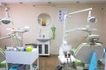 Stomatology interior of small dental clinic with professional chair in green colors. Dentistry, medicine, medical equipment and