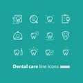 Stomatology services, dental care, prevention check up, hygiene and treatment, line icons