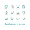 Stomatology services, dental care, prevention check up, hygiene and treatment, line icons