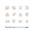 Stomatology services, dental care, prevention check up, hygiene and treatment, line icons