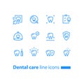 Stomatology services, dental care, prevention check up, hygiene and treatment, line icons