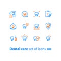 Stomatology services, dental care, prevention check up, hygiene and treatment, line icons