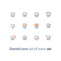 Stomatology services, dental care, prevention check up, tooth implant and crown, line icons