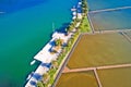 Ston salt fields and turquoise harbor aerial view