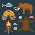 Stone age vector aboriginal primeval historic hunting primitive people weapon and house life symbols illustration.