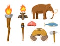 Stone age vector aboriginal primeval historic hunting primitive people weapon and house life symbols illustration.