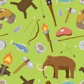 Stone age aboriginal primeval historic hunting primitive stoneage caveman people weapon and house life symbols vector