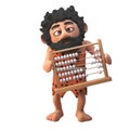 Stone age caveman character in 3d holding an abacus, 3d illustration