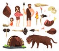 Stone age caveman. Hunting neolithic people, mammoth and prehistoric tools. Vector cartoon ancient human characters