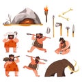 Stone age and caveman, prehistoric tools and weapon, isolated icons Royalty Free Stock Photo