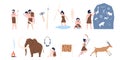 Stone age characters. Prehistoric people and their houses, caves and daily life. Primitive hunters with tools, household Royalty Free Stock Photo