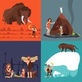 Stone age concepts. Prehistoric ancient human and tools. Primitive man in cave vector cartoon set Royalty Free Stock Photo