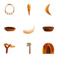 Stone age equipment icon set, cartoon style Royalty Free Stock Photo